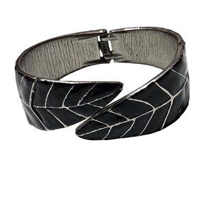 Elegant Silver Tone Black Leaf Design Hinged Cuff Bracelet Statement Jewelry